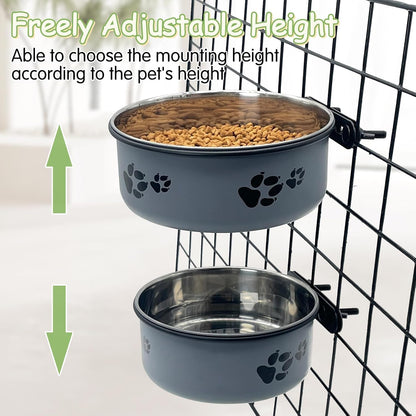 Kathson 2 Pcs Dog Kennel Crate Feeder, Stainless Steel No Spill, Hanging Metal Pet Food Bowl for Cats Small Medium Dogs (Gray)4