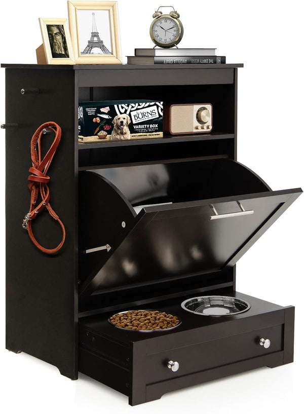 Dog Food Cabinet Feeding Station with 2 Raised Bowls, Pull Out Elevated Dog Bowl, Storage, 3 Hangers, Pet Feeder Toy Leashes Organizer, Brown1