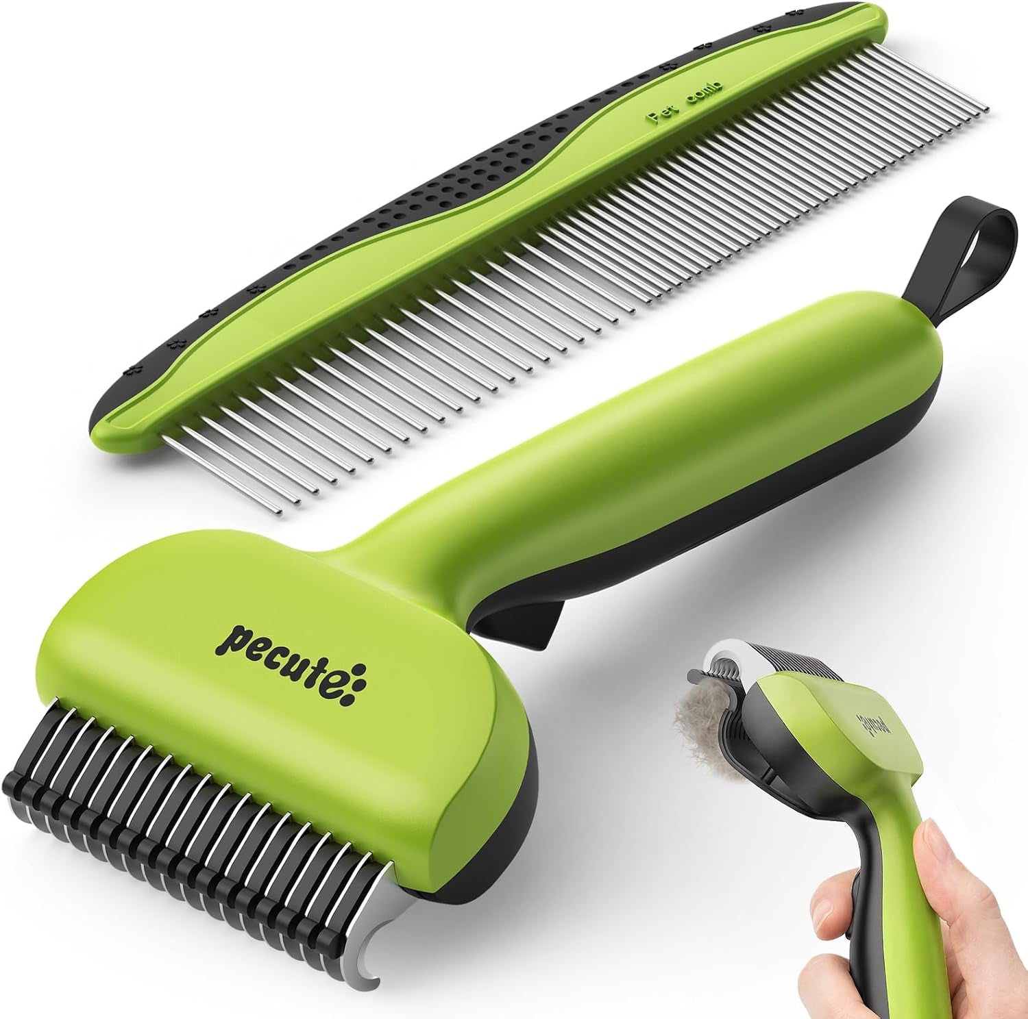 pecute-self-cleaning-undercoat-rake-for-dogs-cats-with-thick-double-coats-1-click-clean-304ss-18-rounded-teeth-for-seasonal-heavy-shedding-matting-gentle-on-pets-ideal-for-long-dense-coats