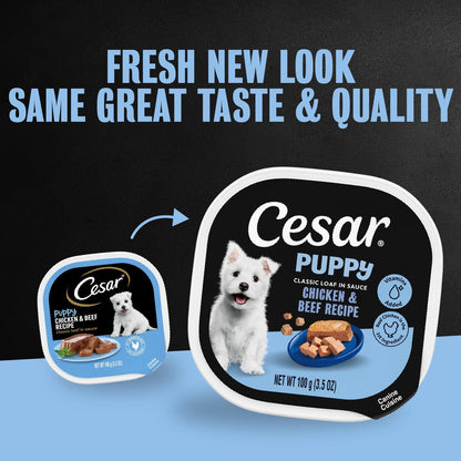 Cesar Puppy Classic Loaf Wet Dog Food, Chicken & Beef, 3.5 Oz, 24 Count | Real Chicken #1 Ingredient, Made in USA, No Fillers or Artificial Flavors, Essential Nutrients, Slow-Cooked, Easy Peel Trays2