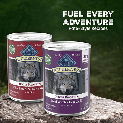 Blue Buffalo Wilderness Adult Wet Dog Food Variety Pack, Beef & Chicken Grill, 32G Protein, and Chicken & Salmon Grill, 35G Protein, Grain-Free & High-Protein, Natural, 12.5-Oz. Each (6 Cans)4