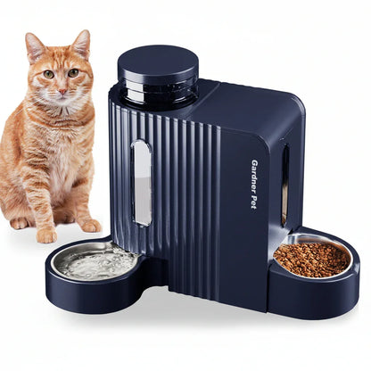 Automatic cat feeder and water dispenser with stainless steel bowls, ideal for pet care and daily essentials.10