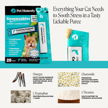 Pet Honesty Cat Lickable Treats with L-Theanine & Chamomile - Squeezable Puree Pouches for Cats - Behavior Support for Travel, Vet Visits, Grooming, & Separation (Salmon, 20 Ct)3