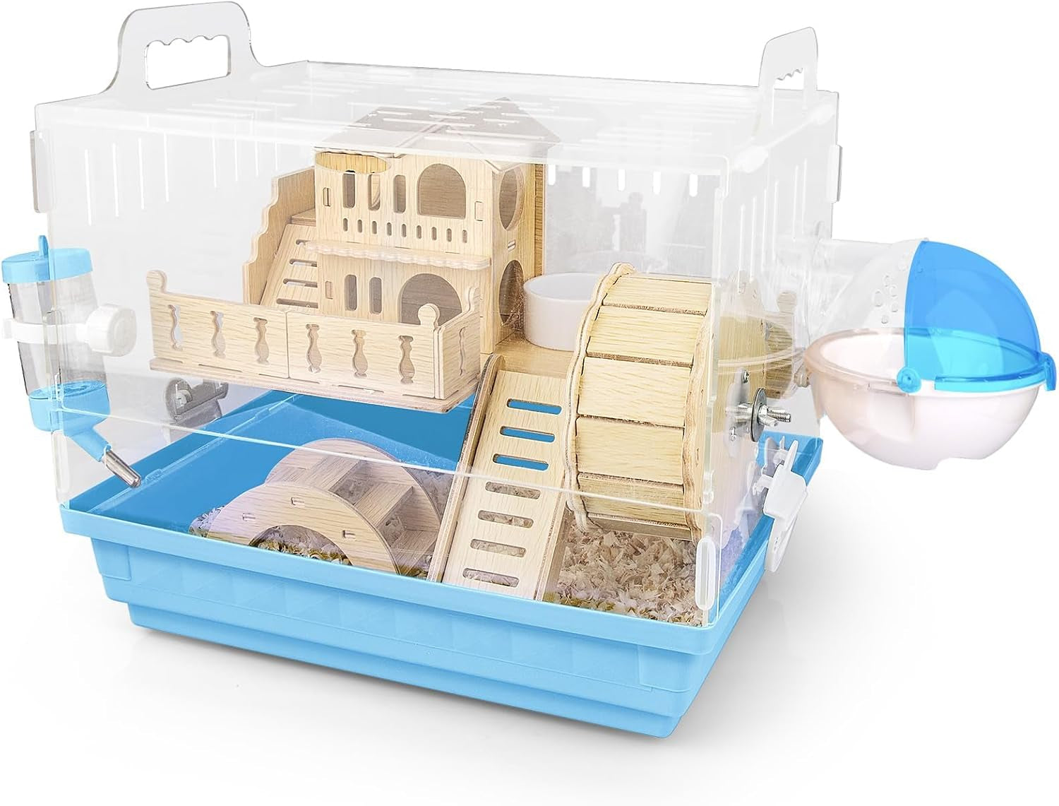 cycodo-8-in-1-acrylic-hamster-cage-2-tier-dwarf-hamster-cage-with-wooden-wheel-hideout-small-hamster-habitat-with-accessories-clear-pet-mice-housegreen-14-l-10-w-11-h