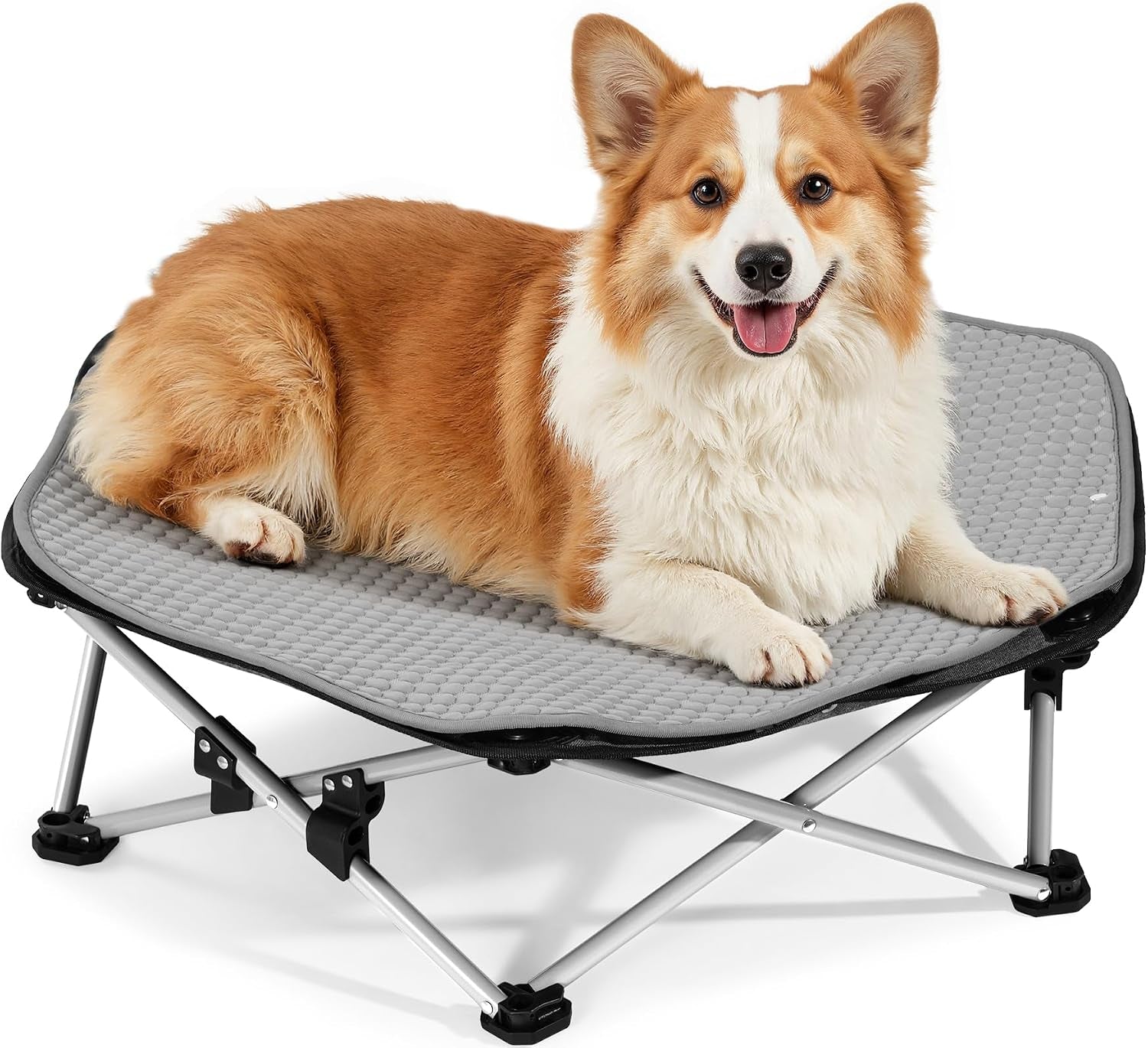 pecute-raised-dog-bed-with-cooling-mat-elevated-pet-cot-for-small-dogs-m-breathable-textilene-mesh-outdoor-camping-beach-steel-frame-130-lbs-heavy-duty-support-tool-free-3-second-quick-assembly