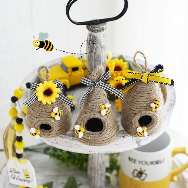 Bee Hive Decor,Bumble Bee Rustic Hive,Natural Bee House,Bee Party Decor | 3PA Bumble Bee Theme Party Decor Spring Summer Rustic Farmhouse Kitchecn Table Decorations, Honey Bee Tiered Tray Decoration6