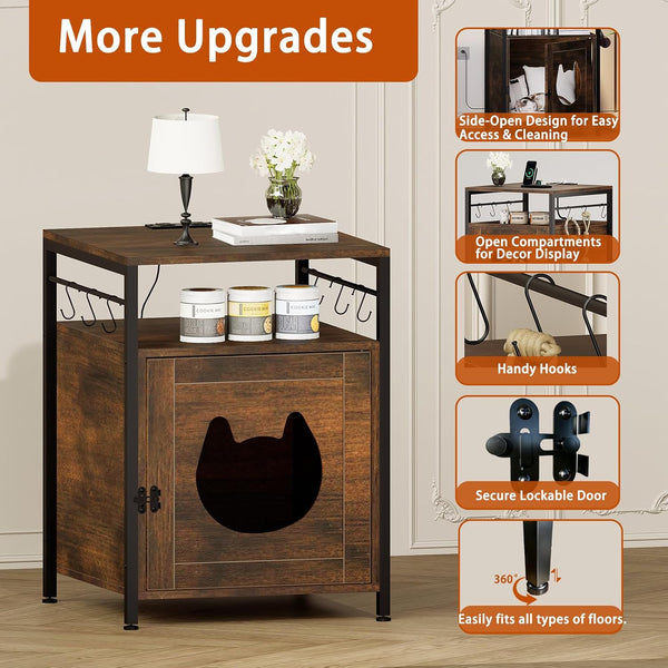 Large Cat Bed Nightstand with Charging Station, Cat Litter Box Furniture, End Side Table with Cat House5