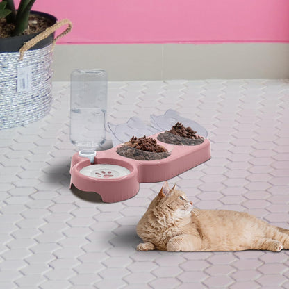 Triple Cat Bowls,15°Tilt 3-In-1 Water Feeder Bowls Cat Double Food Bowls with Automatic Water Bottle Bowl, Whisker Friendly Wet and Dry Cat Elevated Feeding Dishes for Small Cat and Puppy (Pink)8