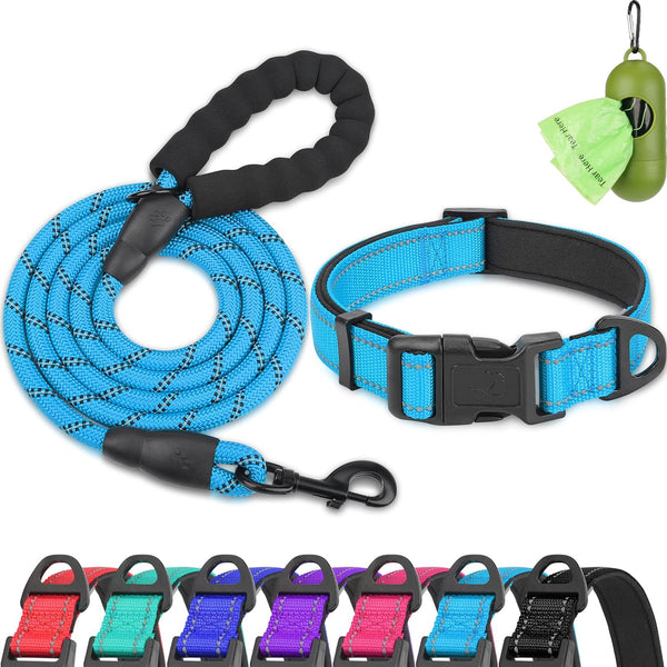 Dynmeow Reflective Dog Collar and Leash Set for Large Dogs, Teal | Soft Neoprene Padded, 6FT Climbing Rope, Ideal for Daily Outdoor Walking or Indoor Wearing, Night Visible for Safety12