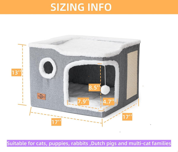 Cat Bed for Indoor Cats,Covered Cat Cave House & Furniture with Scratch Pad,Foldable Cat Hideaway Hut Cute Cat Condo with Soft Washable Mat for Multi Small Pet under 30 Lbs,Light Grey5