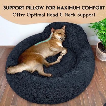 Petjett Calming Dog Bed Medium Size Dog - 30'' Donut Bed, Washable Dog Bed, Anti-Slip & Super Soft Fluffy Plush round Dog Bed, Anti-Anxiety Premium Comfort Pet Bed, Fits Dogs Upto 45 Lbs - Dark Grey2