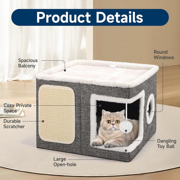 Shikha Cat House Bed for Indoor Cats with Fluffy Ball and Scratch Pad Grey | Foldable Large Cat Cave Hideaway with Cozy Condo, Hide and Seek Window, Holds up to 30LBS, All Season Reversible Cushion3