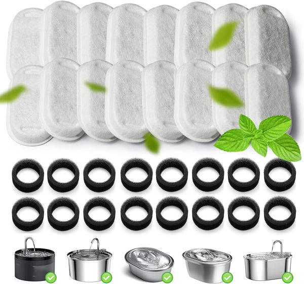 Cat Water Fountain Filter 16Pcs Fit 101Oz/3L Stainless Steel Pet Fountain | Cat Fountain Replacement Filters for 67Oz/2L, 108Oz/3.2L Cat Water Fountains Pet Fountain Filters (8 Filters & 8 Sponges)9