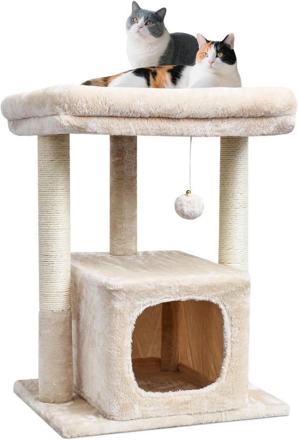 SYANDLVY 27" Cat Tree for Indoor Cats, Activity Tower with Scratching Posts | Modern Kitten Condo with Plush Perch & Hanging Ball for Play, Beige1