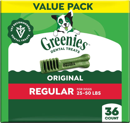 Greenies Regular Dental Dog Treats, Original Chicken Flavor, 36 Count | Clinically-Proven, Veterinarian-Recommended, 47% Less Tartar & 40% Less Plaque in 28 Days, for Dogs 25-50 Lbs, 36 Oz. Pack1