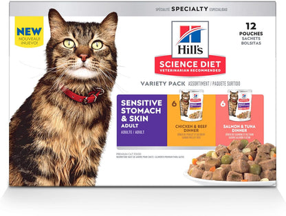 Hill'S Science Diet Sensitive Stomach & Skin Wet Cat Food Variety Pack | #1 Veterinarian Recommended, Adult Formula, Chicken & Beef, Salmon & Tuna, 2.8 Oz. Pouches, 12-Pack1