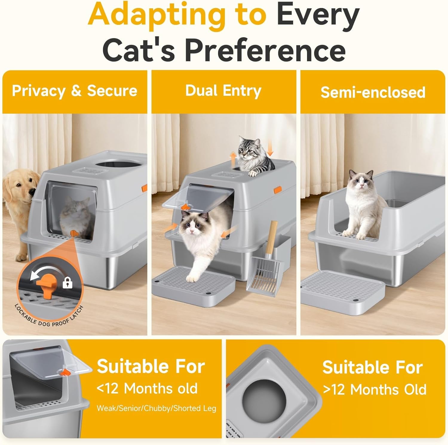 xl-enclosed-stainless-steel-litter-box-with-lid-light-gray-covered-high-sided-rustproof-leak-proof-easy-clean-odor-control-includes-scoop-step