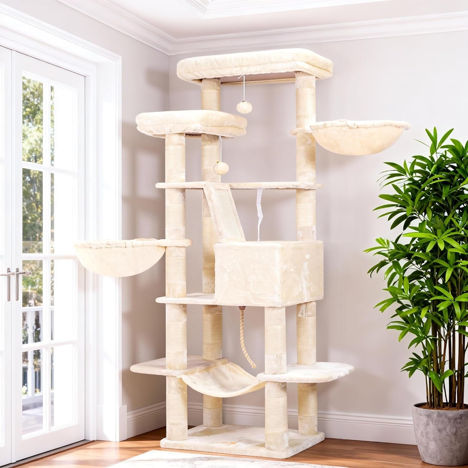 heybly-cat-tree-71-inch-tall-tower-for-indoor-cats-with-2-perches-hct034w-large-cat-furniture-with-2-big-condos-2-hammocks-basket-scratching-pad-multi-level-cat-condo-light-gray
