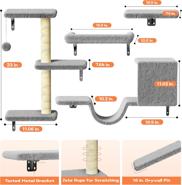 Cat Wall Shelves for Large Cats, Stable & Safe Kitty Walls Furniture Set for 40LBS Cats with Wooden Cat Climber,House, Bridge, Tree, Steps, and Scratcher for 16 Inch Drywall (Grey, 5-In-1)3