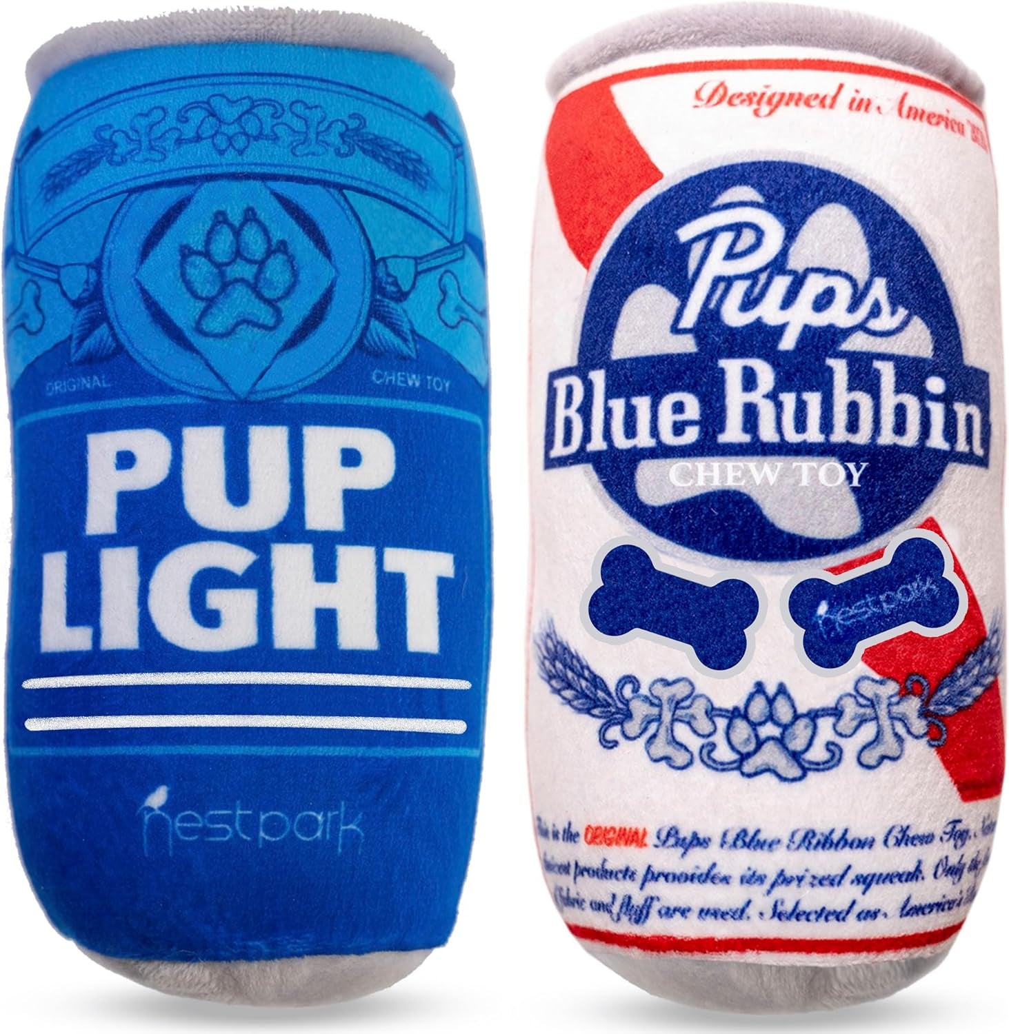 nestpark-pup-light-and-pups-blue-rubbin-parody-beer-dog-toys-funny-plush-squeaky-and-crinkle-dog-toys-dog-gifts-for-dog-birthday-2-pack-mix