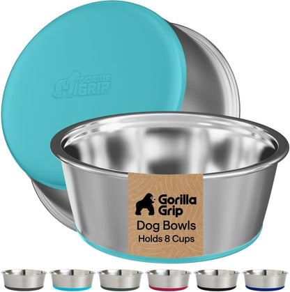 GORILLA GRIP Dog Bowls, Food Grade 304 Stainless Steel, Holds 2 US Cups Each (16 Fl Oz) Food and Water Bowl for Feeding Dogs and Cats, Dishwasher Safe, Rust Resistant BPA Free Rubber Base, 2 Set Black34