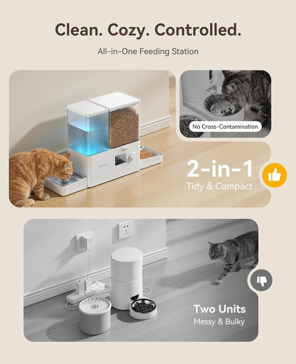 Automatic Cat Feeder and Water Dispenser,2-In-1 Large Capacity 5L Cat Food Bowl and 3.5L Gravity Water Dispenser,Timed Cat Feeder for Cats Small Dogs Puppies Kittens Pets3