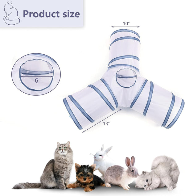 Cat Tunnel, Collapsible Tube with 1 Play Ball Toys, 3 Ways Tunnels for Indoor Cats, Puppy, Kitty, Kitten, Rabbit (White and Gray)3