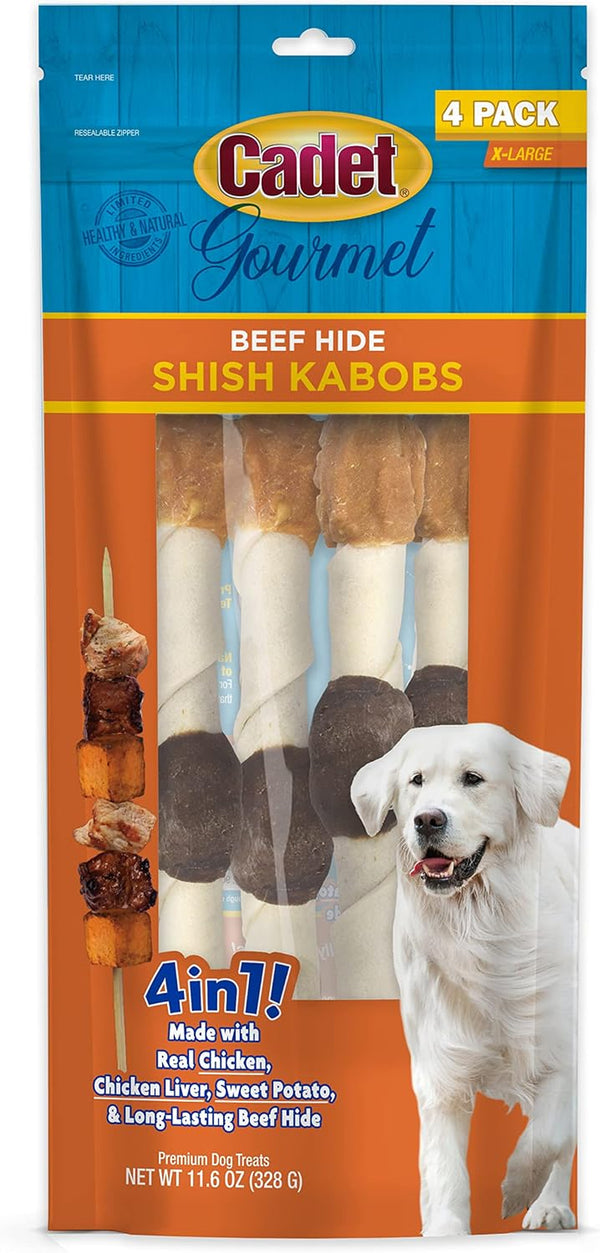 Cadet Gourmet Shish Kabob Dog Chews for Large Breeds, Rawhide Treats for Dogs with Chicken and Sweet Potato, Healthy & Natural Beef Hide, 10-Inch Sticks, 4 Count (Pack of 1)7