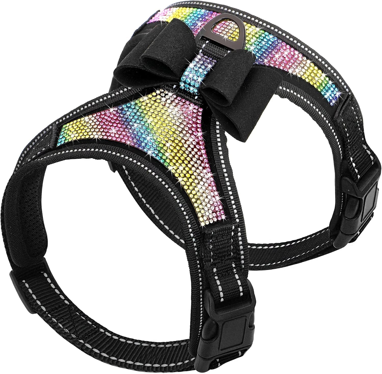 beirui-rhinestone-dog-harness-with-sparkly-bow-tie-black-s-chest-11-14-reflective-bling-nylon-soft-fleece-padded-for-small-large-dogs-walking-party-wedding