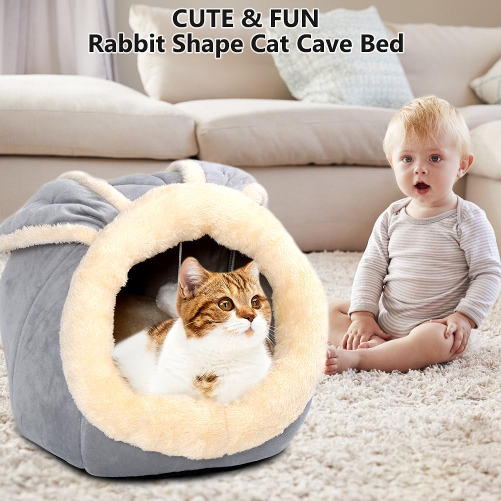 cat-beds-for-indoor-cats-rabbit-shaped-cat-cave-bed-with-hanging-toy-grey-m-super-soft-calming-cat-tent-house-for-kitten-puppy-warm-plush-machine-washable-removable-cushioned-pad-cute-cat-hideaway