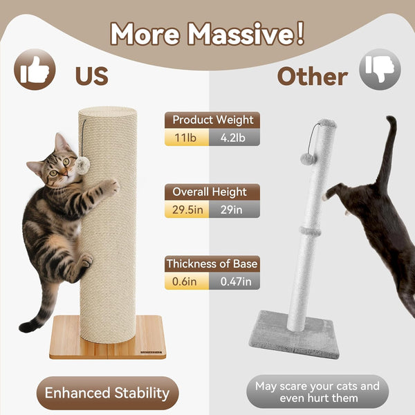 KAMABOKO 29.5" Cat Scratching Post, 7.5" Ultra-Large Diameter Natural Sisal Cat Scratch Post, Scratch-Resistant Tall Cat Scratcher for Indoor Cats, Protect Your Furniture, Beige, Pack of 15