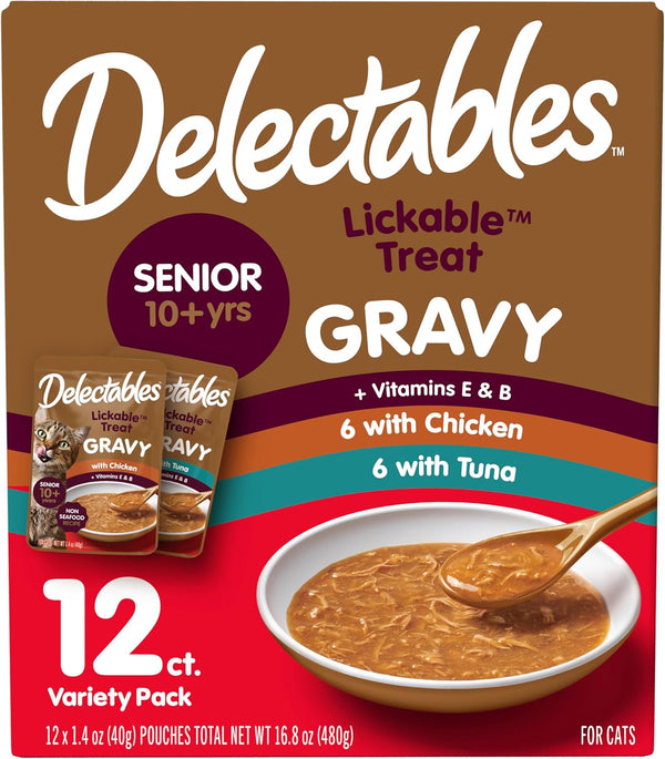 Delectables Lickable Treat Gravy Variety Wet Cat Treat & Food Topper, Food Topper, Hydrating, Grain-Free, No Fillers, No By-Products, No Added Preservatives, 1.4Oz Pouch, 30 Pack12