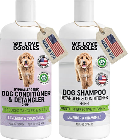 Dog Shampoo, Conditioner & Detangler, Hypoallergenic Tearless Lavender 16OZ | for Sensitive Itchy Skin, Best Shampoo for Smelly Dogs, Goldendoodle, Poodle & Doodle, Puppy Pet Wash Soap, USA Made, 4-In-112