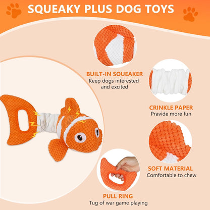 Squeaky Clownfish Dog Toy, Plush Crinkle Tug Toy with Handle | Pineapple Cotton Plush with Squeaker, Crinkle Paper, Stretchable Body, and Tug Handle for Interactive Indoor or Outdoor Play3