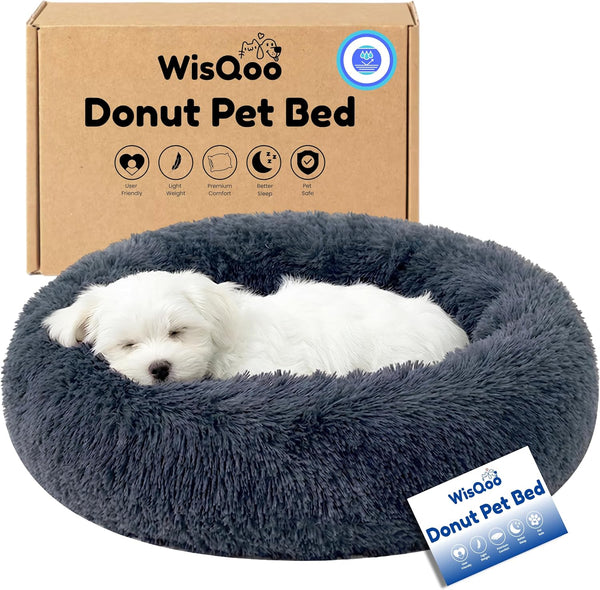 Calming Donut Dog Bed – Faux Fur Anti-Anxiety Pet Bed with Removable Washable Cover & Water-Resistant Liner – Plush Fluffy round Nest, Non-Slip Bottom for Dogs & Cats – Small, Grey11