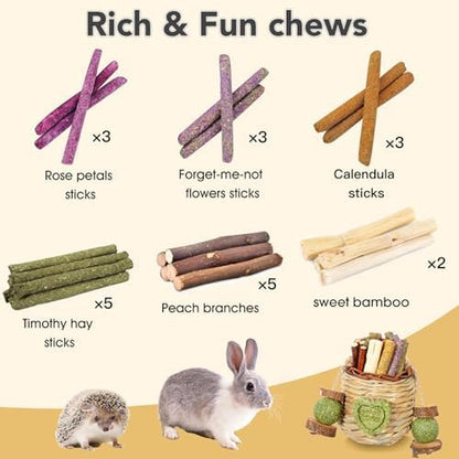 Jorewood Rabbit Chew Toys,Natural Hanging Basket with Sweet Bamboo,Timothy Hay,Peach Sticks for Bunny Chinchillas Guinea Pigs Hamsters Rats Teeth Grinding2