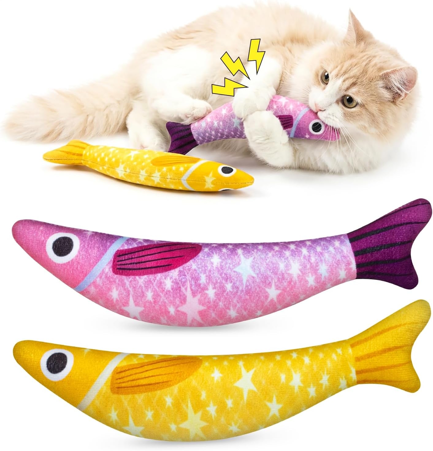 cat-toys-for-indoor-cats-fish-shaped-pillow-2-pack-yellow-purple-5000mg-a-natural-catnip-bell-interactive-soft-chew-kicker-for-indoor-cats-kittens-crinkle-bell-fish-sound-toy