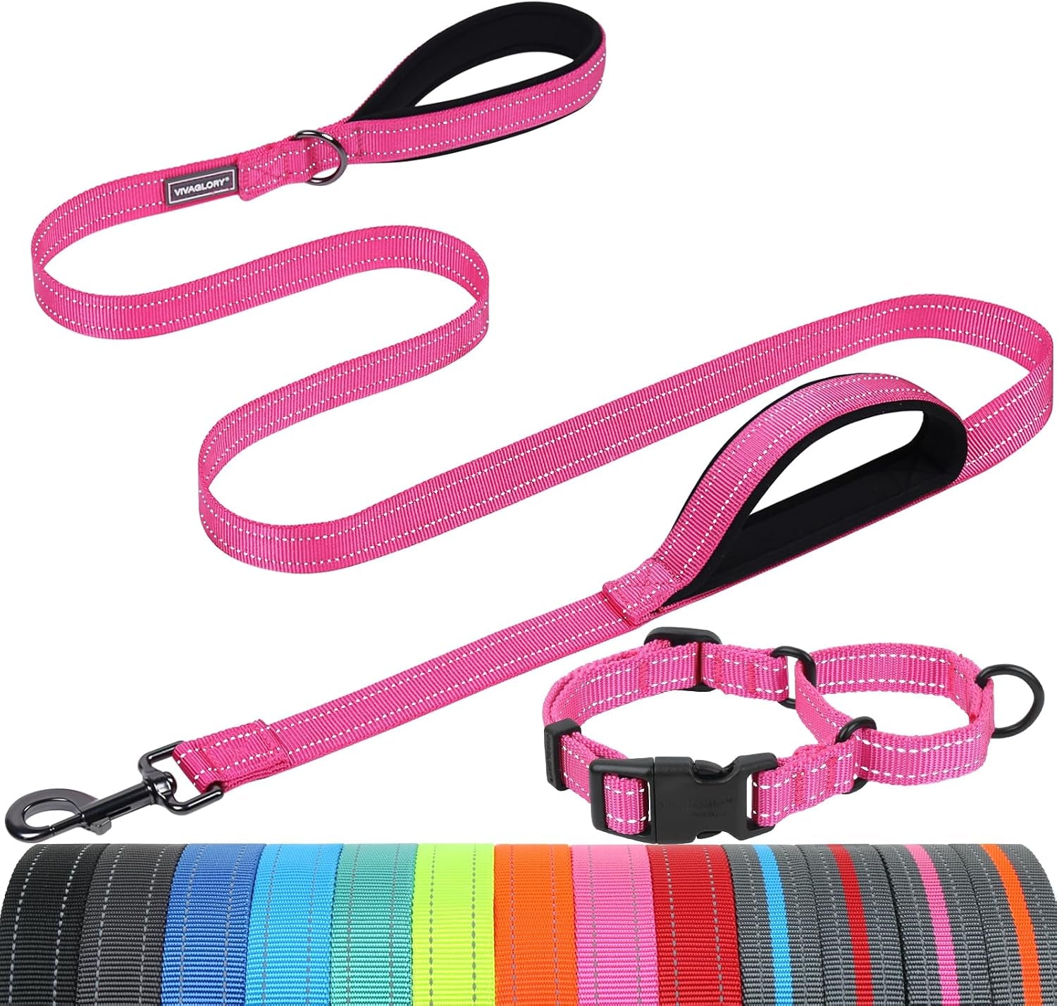 vivaglory-double-handle-dog-leash-twingrip-6ft-x-1in-navy-dog-leash-for-collar-with-traffic-handle-2-loop-for-walking-training-traffic-control-reflective-heavy-duty-puppy-pet