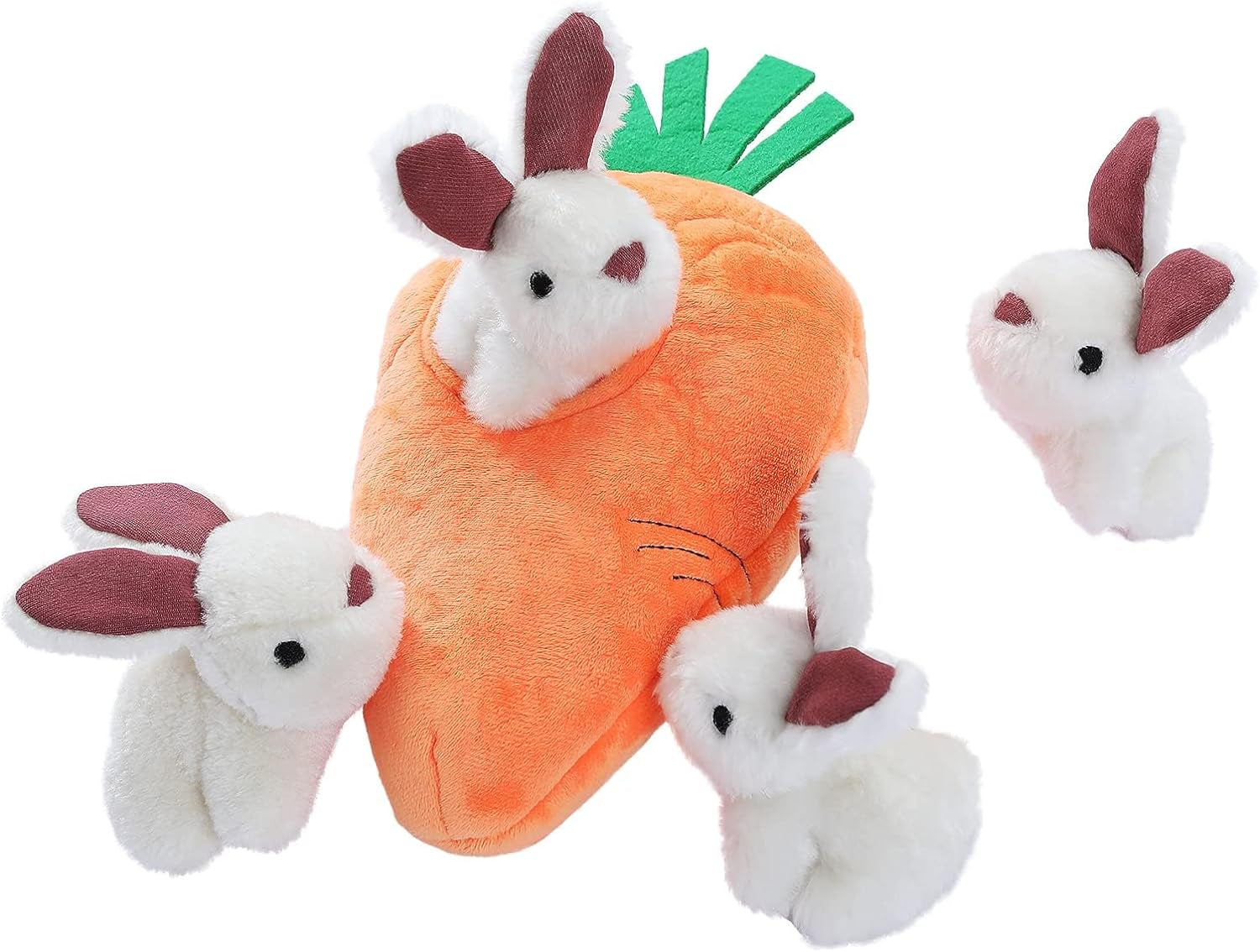 amazon-basics-interactive-hide-and-seek-squeaky-dog-plush-toy-with-squeaker-for-small-dogs-rabbit-and-carrot-orange-and-white-5-pack