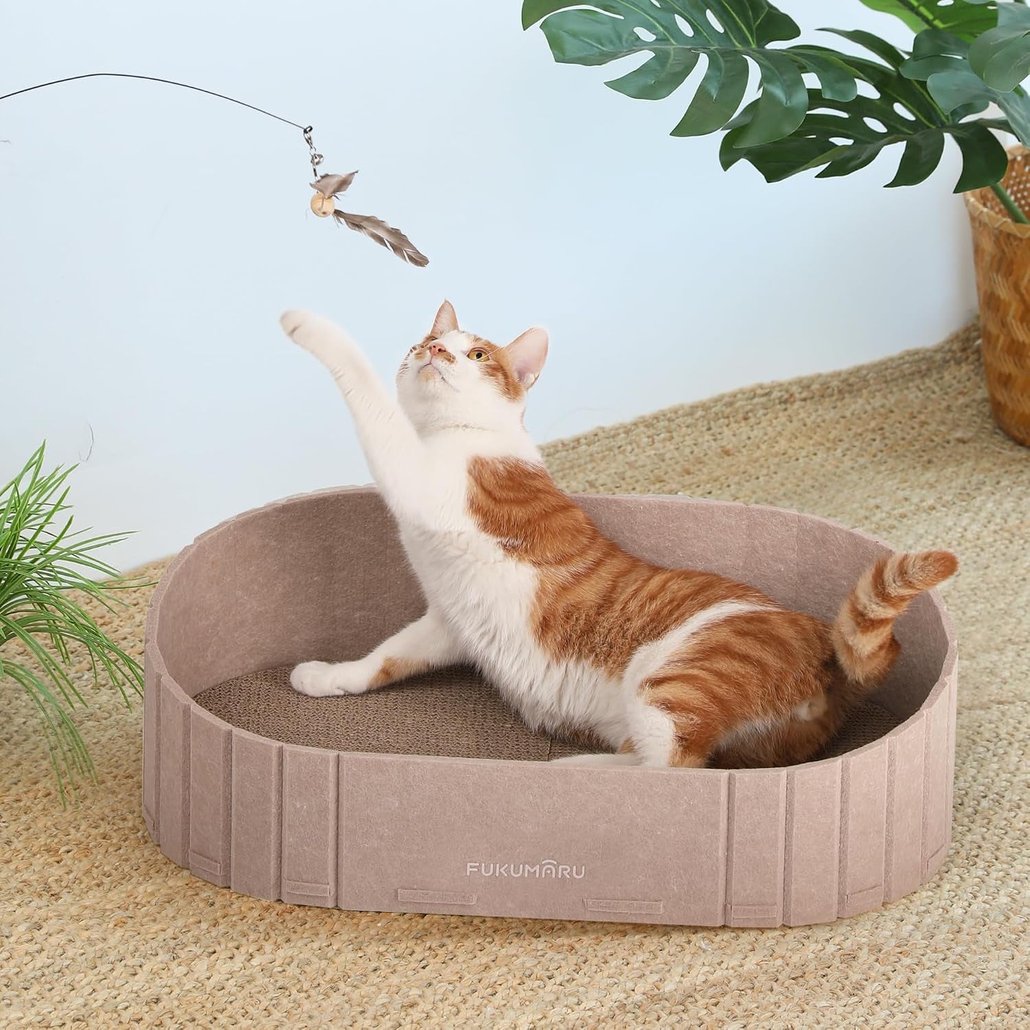 fukumaru-cat-scratcher-24-inch-sofa-shape-cat-scratching-bed-couch-indoor-oval-felt-cat-scratcher-bed-with-reversible-detachable-cat-scratching-boards-round-cats-scratch-pads-refill-beige