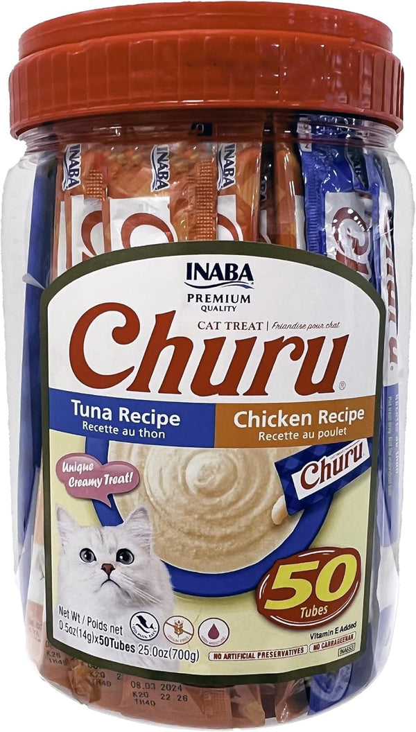 INABA Churu Lickable Grain-Free Purée Cat Treats, 25 Tuna & 25 Chicken | Grain-Free, Lickable, Squeezable Creamy Purée, Treat/Topper1