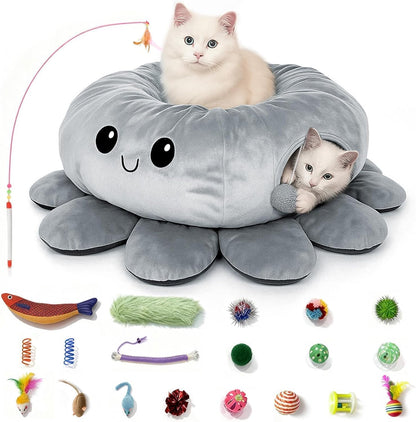 Cat Tunnel Bed with 20 Cat Toys, Collapsible Play Tunnel for Indoor Cats, Kitten Toys for Indoor Kittens, Octopus Shaped10