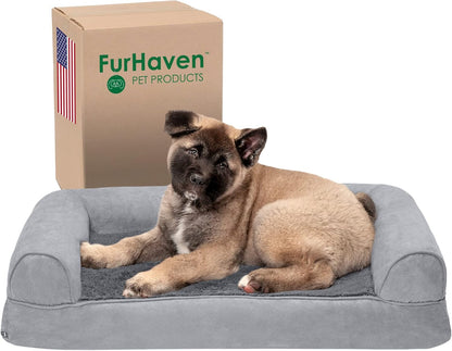 Furhaven Memory Foam Dog Bed for Medium/Small Dogs W/ Removable Bolsters & Washable Cover, for Dogs up to 35 Lbs - Luxe Faux Fur & Performance Linen Sofa - Woodsmoke, Medium17