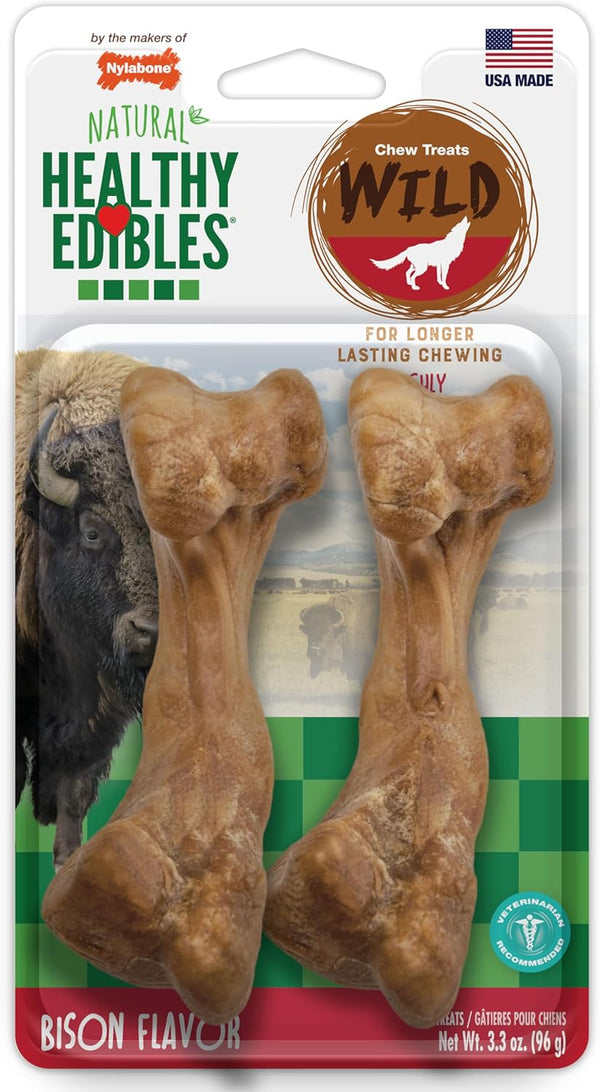 Nylabone Healthy Edibles WILD Natural Dog Bones Long Lasting, Bison Flavor Bone Dog Treats, Medium (2 Count) | Natural Dog Chew Bones, Made in USA, Highly Digestible Dog Chews, Long Lasting Chews for Medium Dogs up to 35 Lbs1