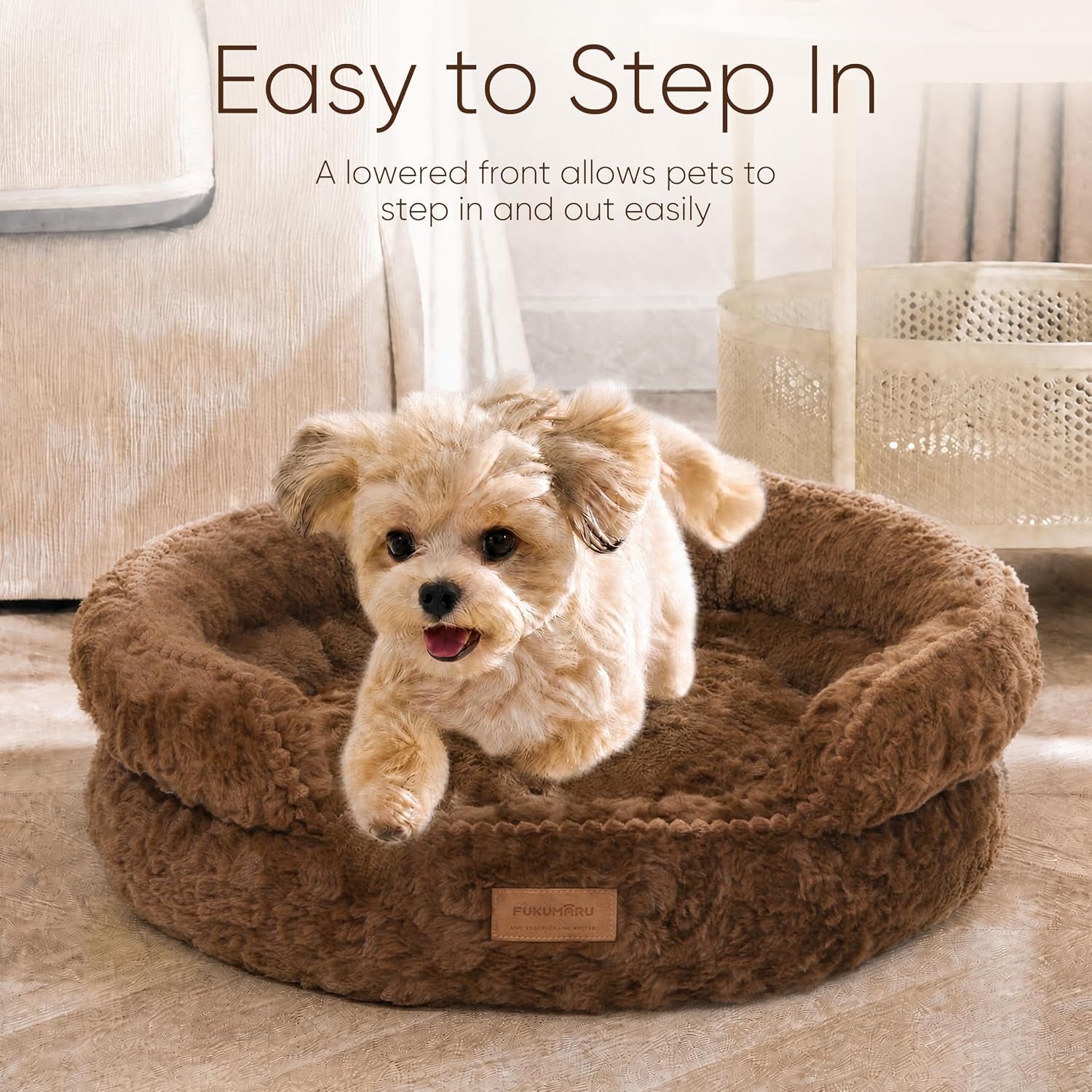 fukumaru-round-cat-bed-plush-washable-calming-dog-bed-with-low-entry-raised-bolster-small-dog-bed-soft-cozy-donut-cat-bed-for-indoor-cats-faux-rabbit-fur-anti-slip-bottom-20-inch-brown