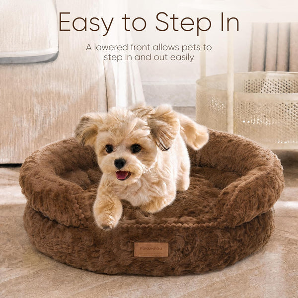 FUKUMARU round Cat Bed, Plush Washable Calming Dog Bed with Low Entry | Raised Bolster Small Dog Bed, Soft Cozy Donut Cat Bed for Indoor Cats, Faux Rabbit Fur & Anti-Slip Bottom, 20 Inch, Brown4