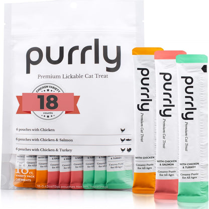 Purrly Lickable Wet Cat Treats Healthy Grain-Free Chicken Variety Pack (18 Count) Squeezable Creamy Purée with Human-Grade Protein Functional Nutrients Non-Gmo No-Artificial-Additives Low-Phosphorus1