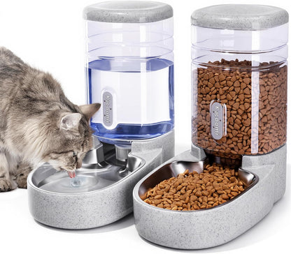 Kacoomi Automatic Dog Cat Feeder and Water Dispenser Gravity Food Feeder and Waterer Set with Pet Food Bowl for Small Medium Dog Puppy Kitten, Large Capacity 1 Gallon X 27
