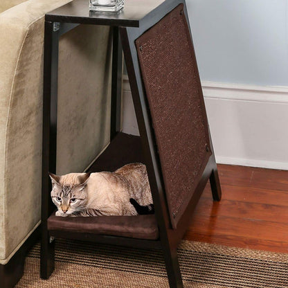 THE REFINED FELINE A-Frame Cat Bed Cave in Black Espresso with Ventilated Base, Multipurpose Wood Cat Furniture Table, Easy to Clean Covered Cat Bed with Replaceable Scratching Post & Washable Cushion1