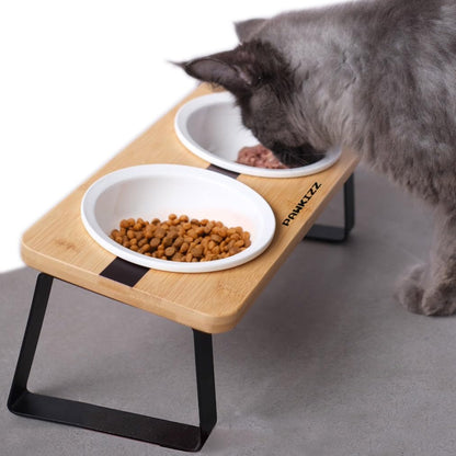 Elevated Cat Bowl Stand for Food and Water – Anti-Vomit Raised Feeding Station with Tilted Stand – Removable round Ceramic Bowls, anti Slip Bamboo Base, Dishes for Cats, Kitten, Small Dogs & Puppies1